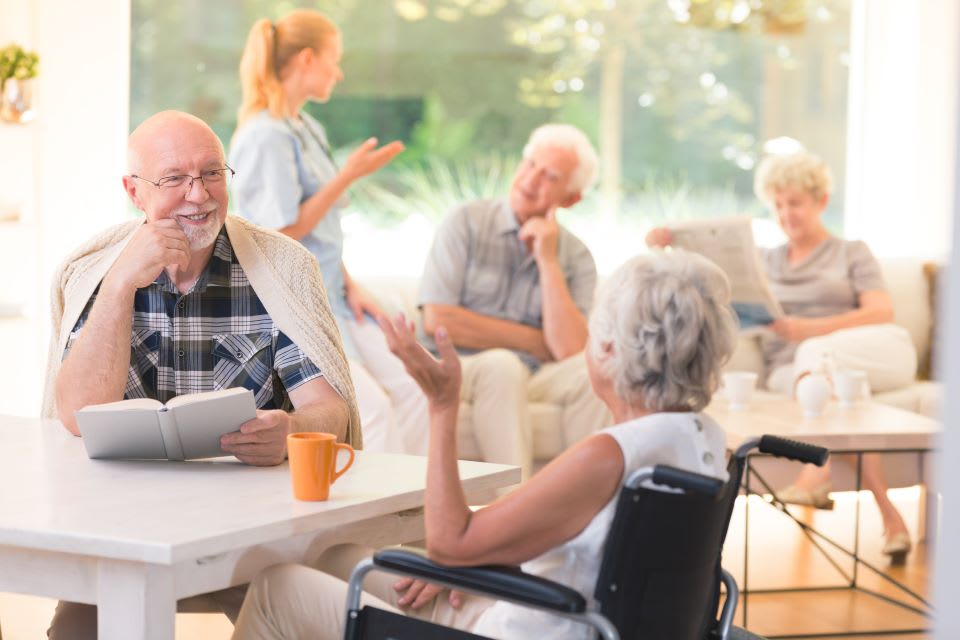 A group of seniors chat around the table in front of a sunny window.
