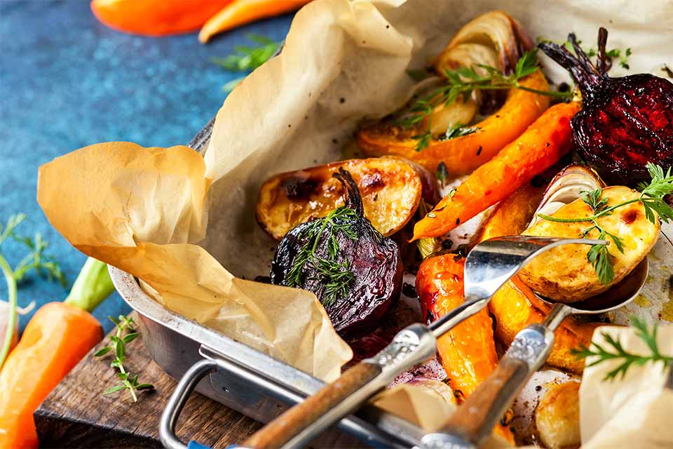 A pan with baked veggies on it